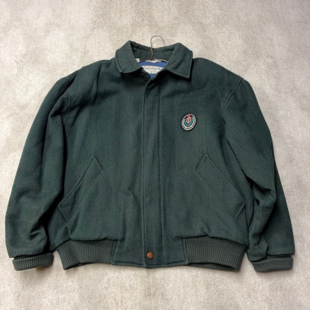 Vintage Yves Saint Laurent Green Wool MA-1 Bomber Jacket YSL Logo Badge Mens 42